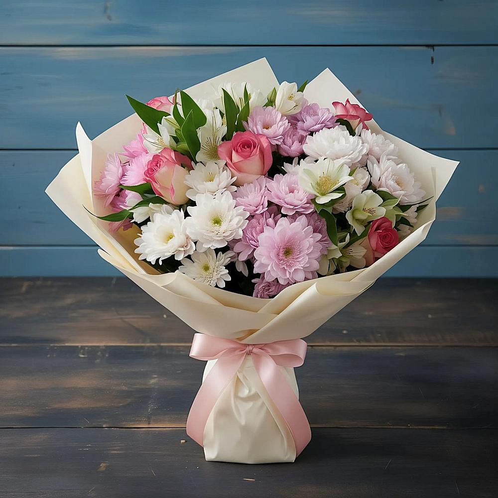 Букет цветов из: Хризантемы, Альстромерии и Розы в Косяково